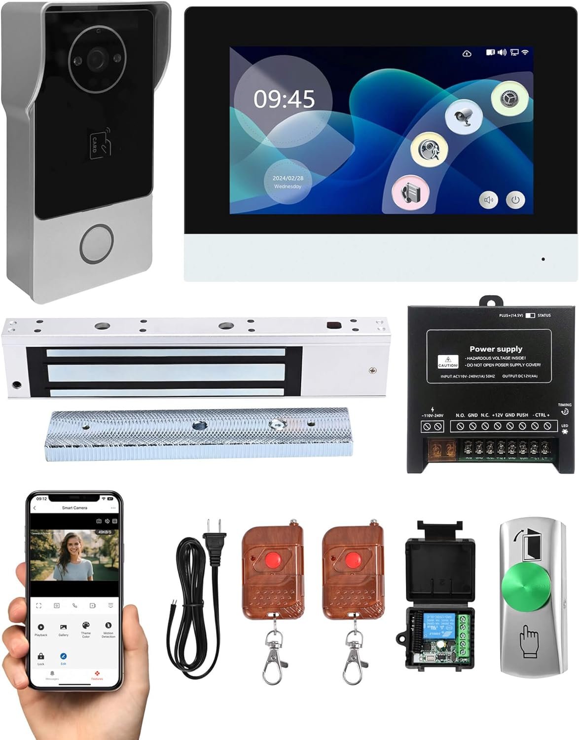 Smart Video Doorbell Intercom System with 600lb Magnetic Lock, 7″ Touch Screen Wi-Fi Monitor, 1080P 2.0MP HD Camera, RFID IC Card Access, Tuya App Remote Unlock, Exit Button & Remote Control Kit