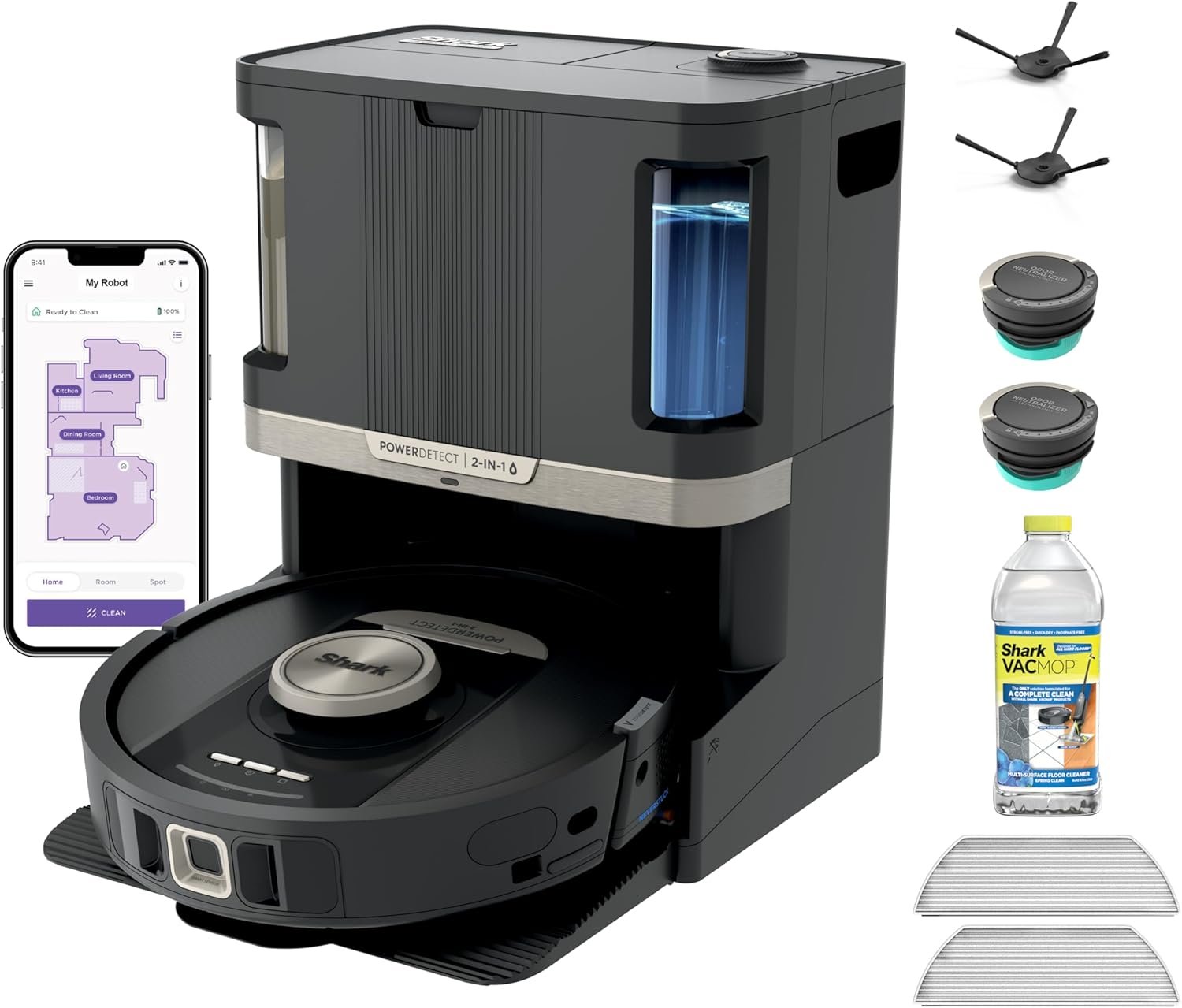 Shark Robot Vacuum & Mop Combo, PowerDetect NeverTouch Pro, Self-Emptying, Self-Refill with Self-Clean Pad Wash & Dry, 60-Day Debris Capacity, 30-Day Refill Tank, 5 Technologies, Black, AV2800ZEBK