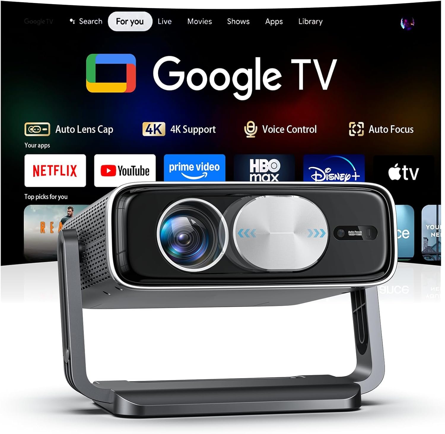 Smart Projector [Bundled with Google TV Stick and 4K Support] with WiFi and Bluetooth,2500ANSI, Auto Lens Cap, Portable Outdoor Projector with Built-in Apps Auto Focus for Ceiling/Home Theater/Bedroom