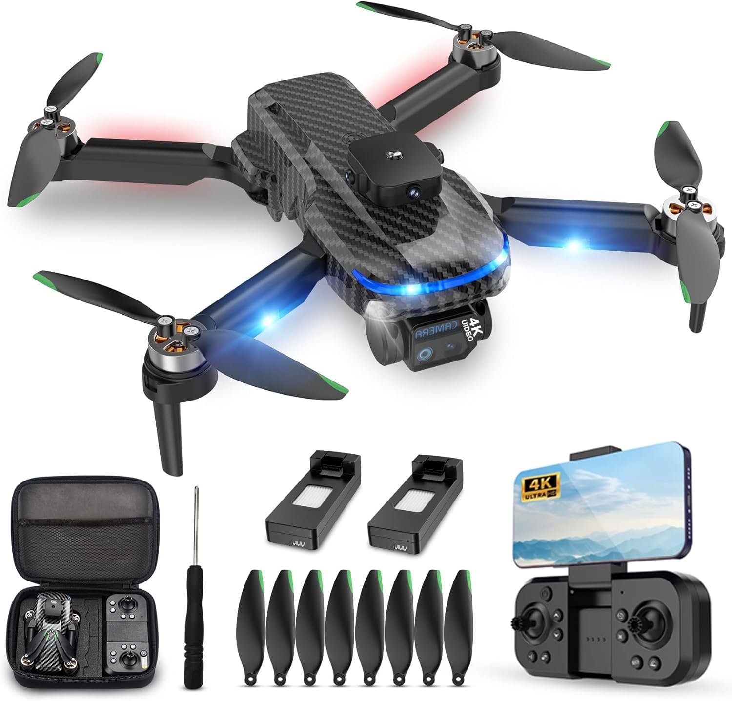 MSMV High-Resolution 4K HD Camera Drone, Wireless RC Toys for Boys Girls, One Button Return, Emergency Stop, Headless Mode, 360° Flips, 2 Batteries & Carrying Case for Kids Adults Beginners, Black