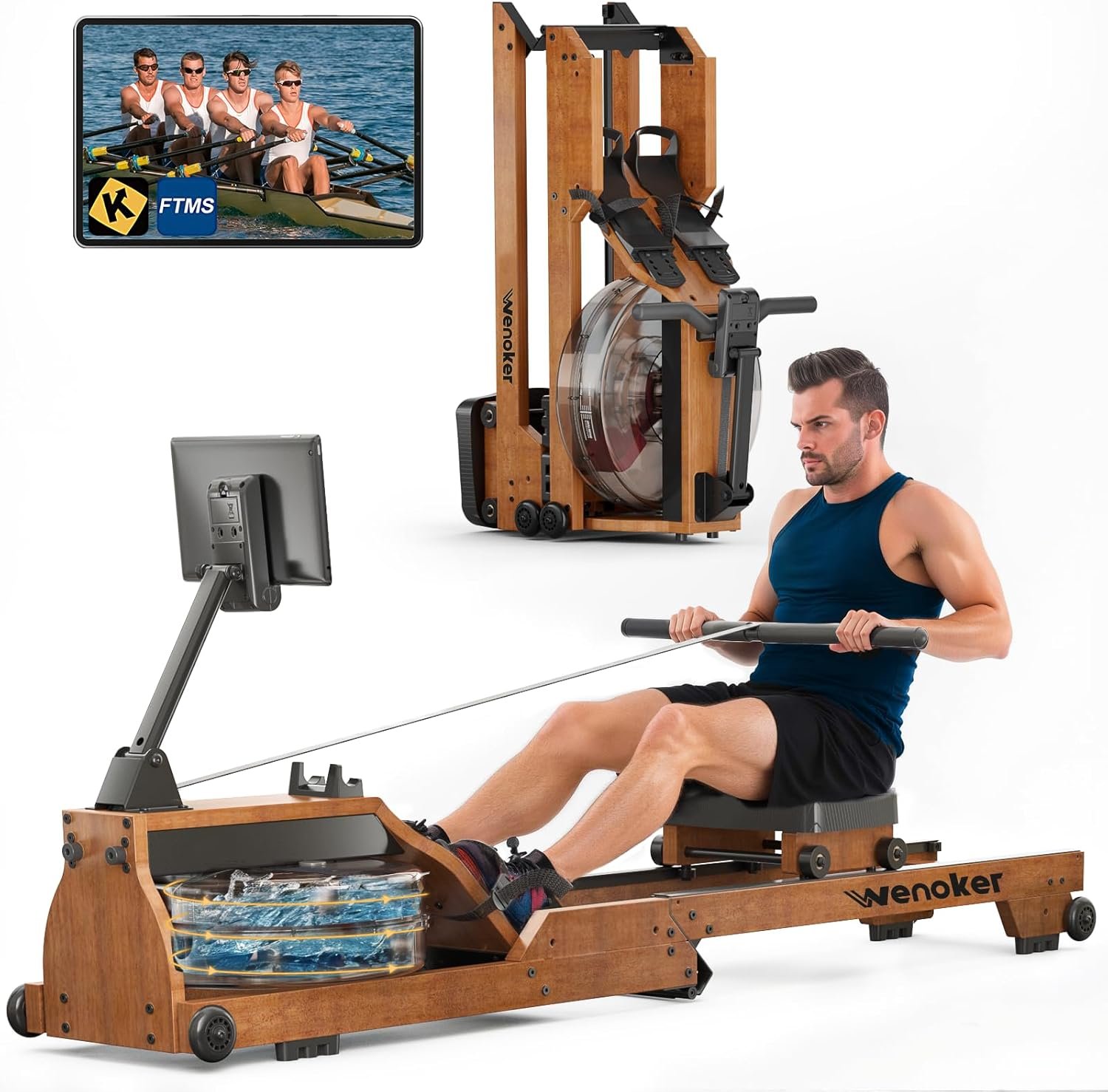 Water Rowing Machine for Home Use, WENOKER Wooden Foldable Rower Machine with Dedicated Monitor & Bluetooth APP, Large Water Tank & Comfortable Seat for Immersive Water Rower, 350LBS Weight Capacity