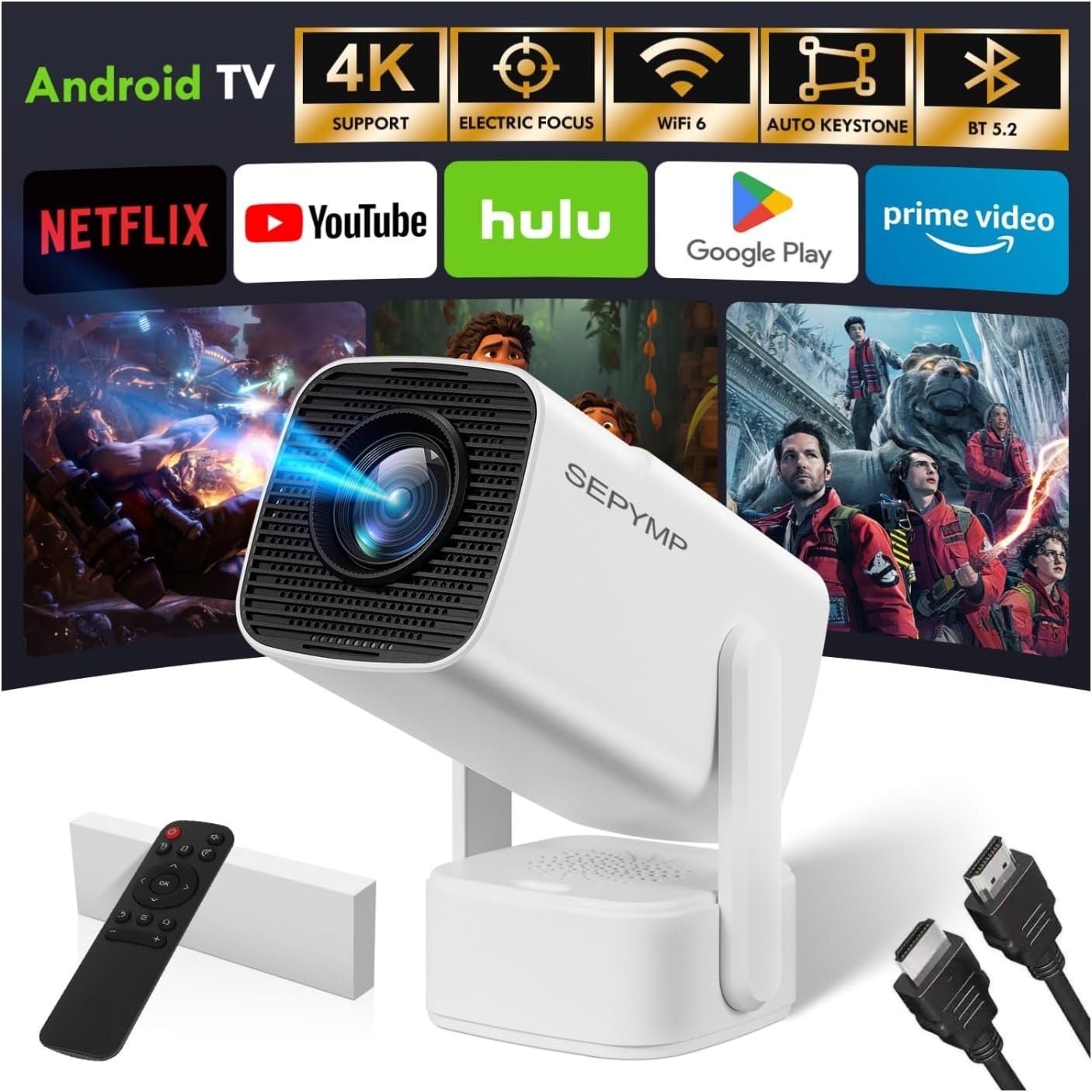 2026 Upgraded Mini Projector，with WiFi 6 and Bluetooth 5.2, Portable Projector 4K Support, Auto Keystone, 180 Degree Rotation, Portable Video Projector for Bedroom & Outdoor