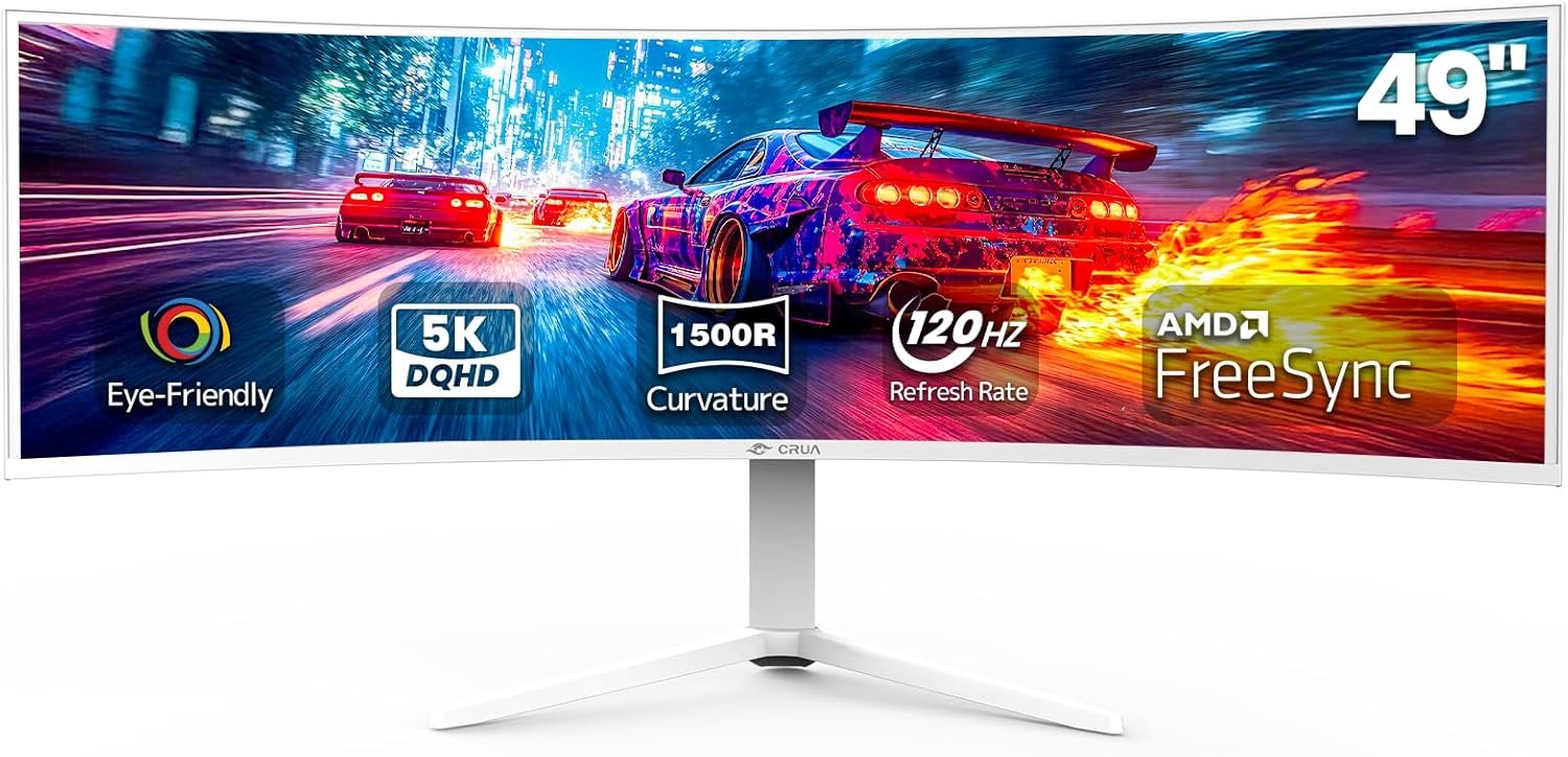 CRUA 49″ White Curved Monitor | DQHD(5120 * 1440), 120Hz, 1500R, 32:9, AMD FreeSync, 120% sRGB, Height Adjustable Ultra-Wide Screen Computer Monitors, HDMI 2.1 & DP 1.4, Wall Mount Install
