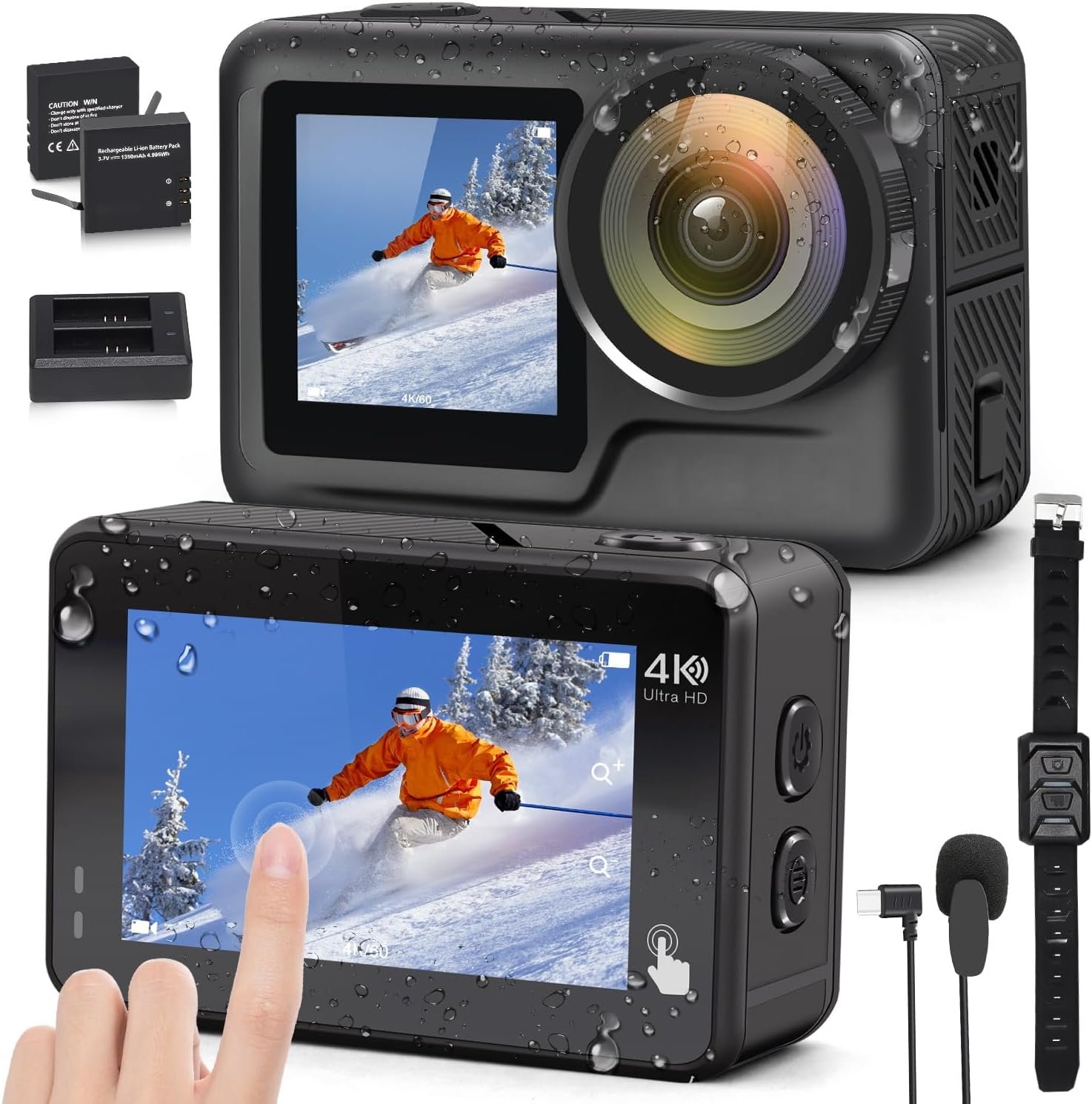 JOH 4K Action Camera with Dual Screens, Waterproof, 4K/60FPS, Voice Control, WiFi, Image Stabilization, Slow Motion, 128GB Storage, 25-in-1 AccessoriesPerfect for Vlogging, Travel, Diving and Outdoor