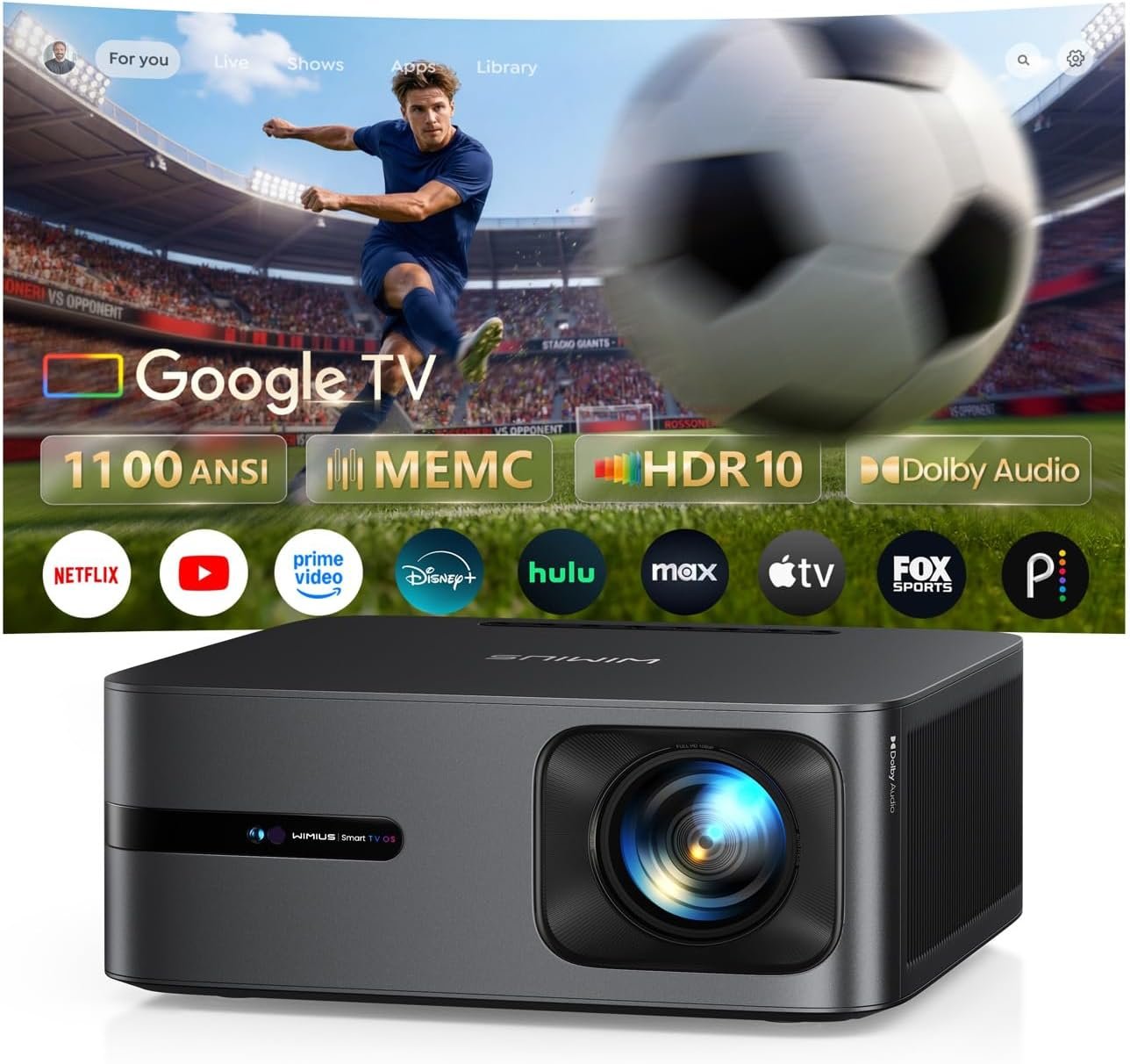 WiMiUS G2 Official Google TV 14.0 Projector, 4K Supported, Real 1100 ANSI, MEMC, HDR10, 30W Dolby Audio, Smart Auto Focus, WiFi 6 & Bluetooth Home Theater Projector for Outdoor Movies & Sports