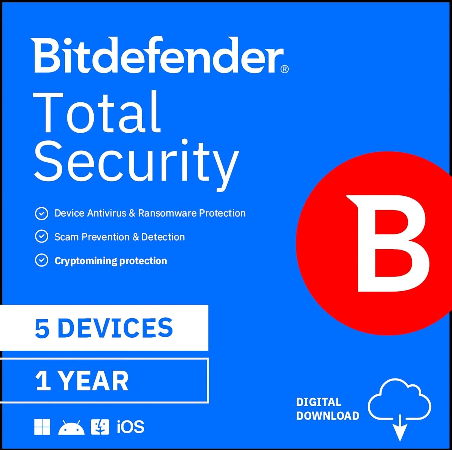 Bitdefender Total Security – 5 Devices | 1 year Subscription | PC/Mac | Activation Code by email