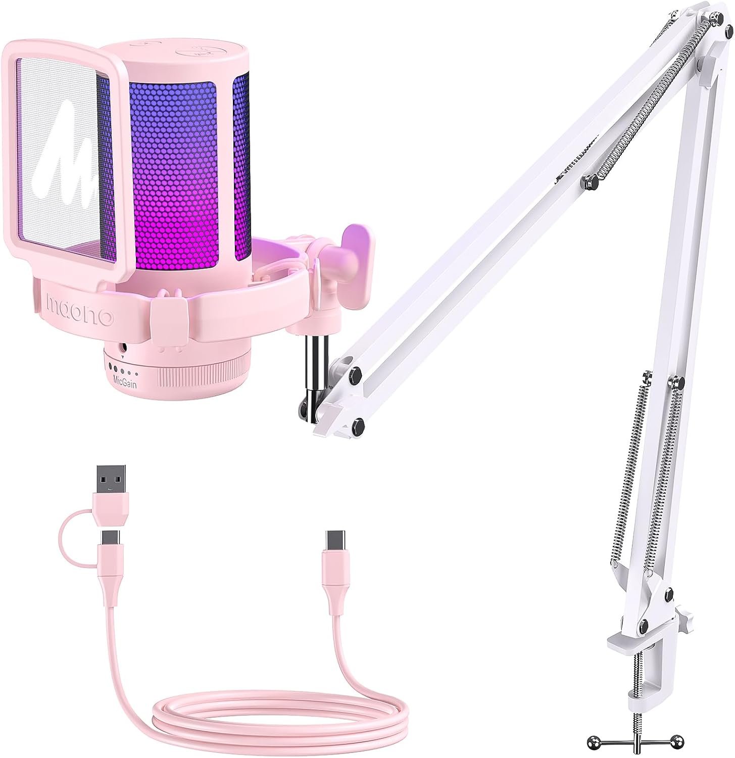 MAONO USB Gaming Microphone for PC, Noise Cancellation Condenser Mic with Mute, Gain, Monitoring, RGB Boom Mic for Streaming, Podcast, Twitch, Discord, Computer, PS4, PS5, Mac, GamerWave DGM20S,Pink