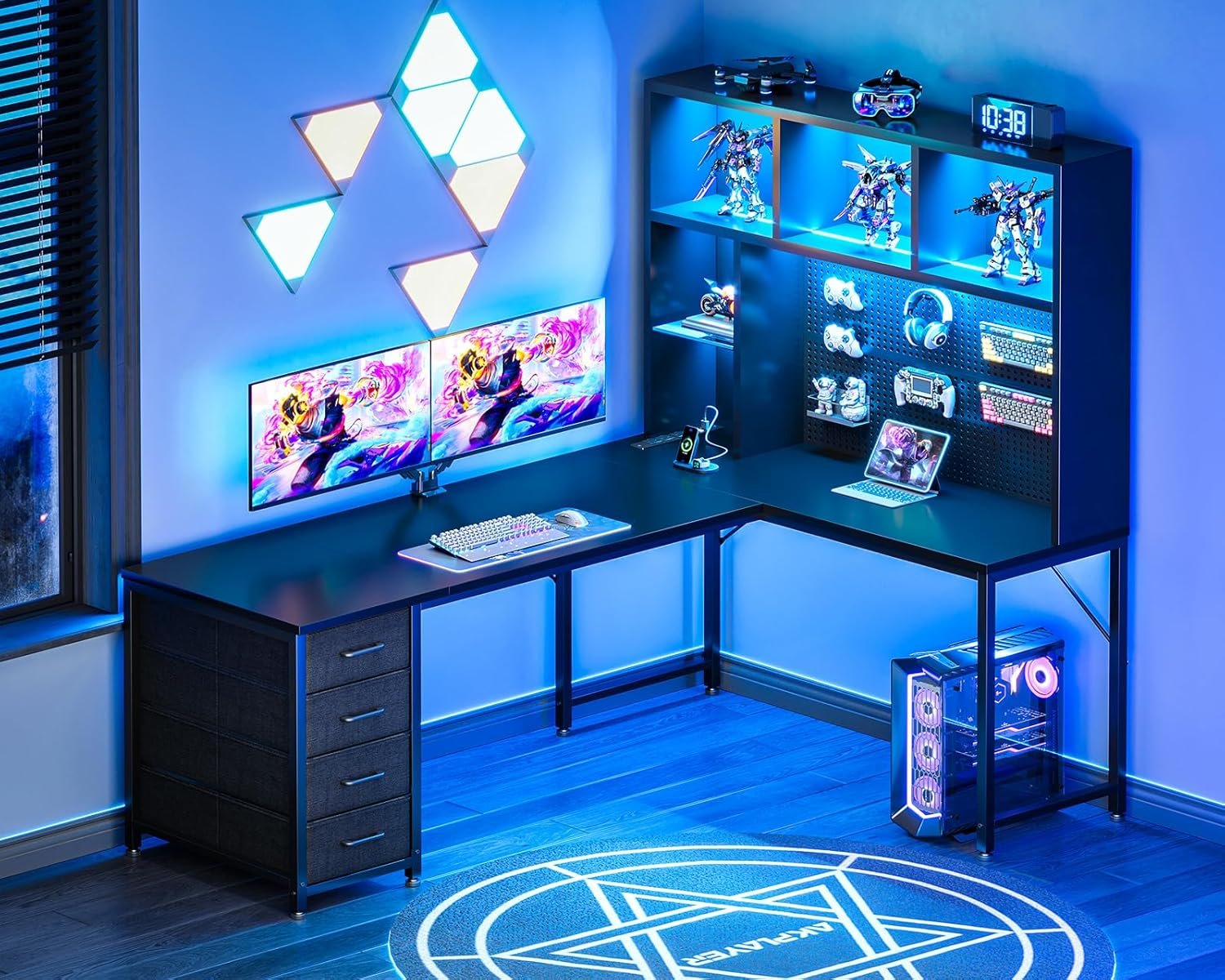 AODK 63″ L Shaped Gaming Desk with Hutch, Pegboard & Shelves, L Shaped Desk with 4 Drawers, Integrated LED Light Strip & Power Outlets, Reversible PC Gaming Computer Desk, Black
