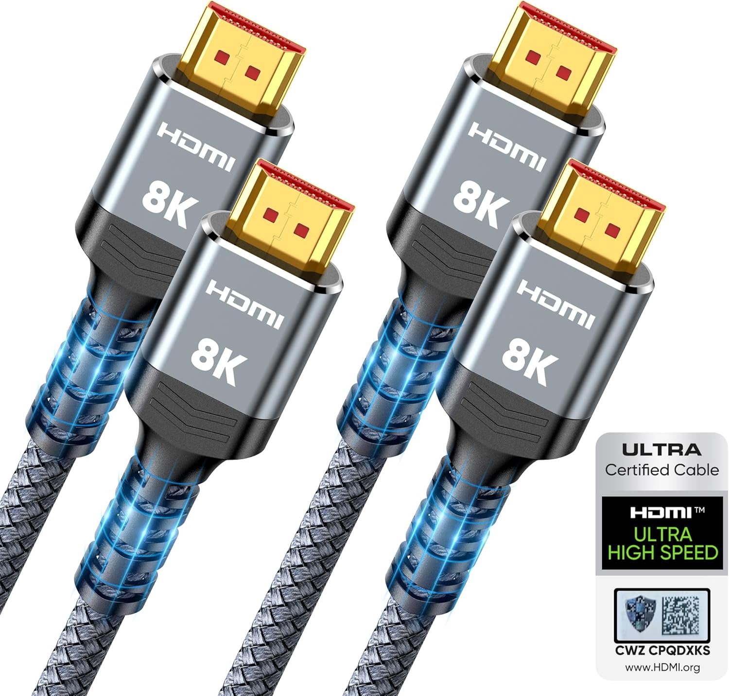 10K 8K HDMI 2.1 Cable 2-Pack 6.6FT, Highwings Certified 48Gbps Ultra High Speed Slim HDMI Cord,Support 4K@120Hz 8K@60Hz, HDCP 2.2&2.3,eARC, Dynamic HDR,DTS:X, Compatible with PS5/Blu-ray/HDTV/Roku TV