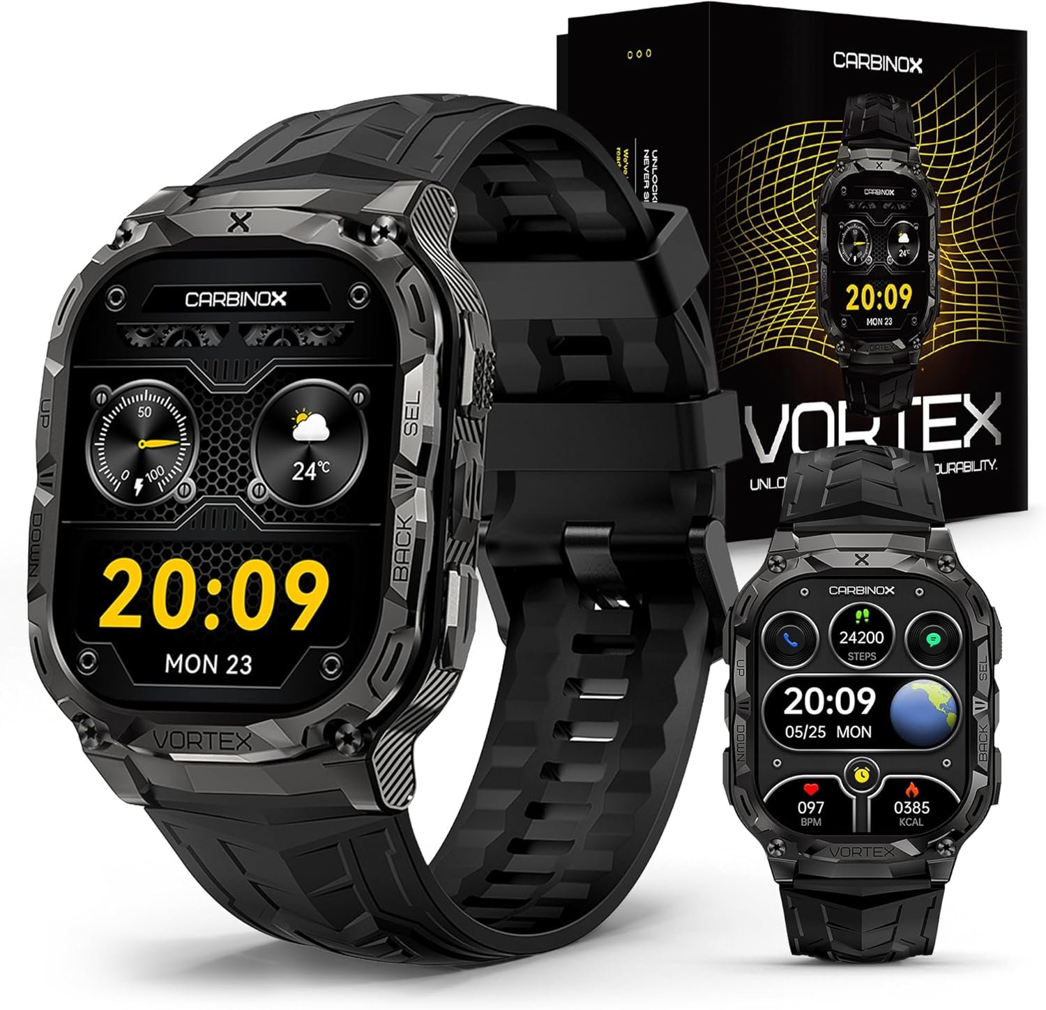 CARBINOX Vortex Smartwatch (Answer/Make Calls), Military-Grade Rugged Fitness Tracker, IP69K Waterproof, Sport Design for Active Lifestyles