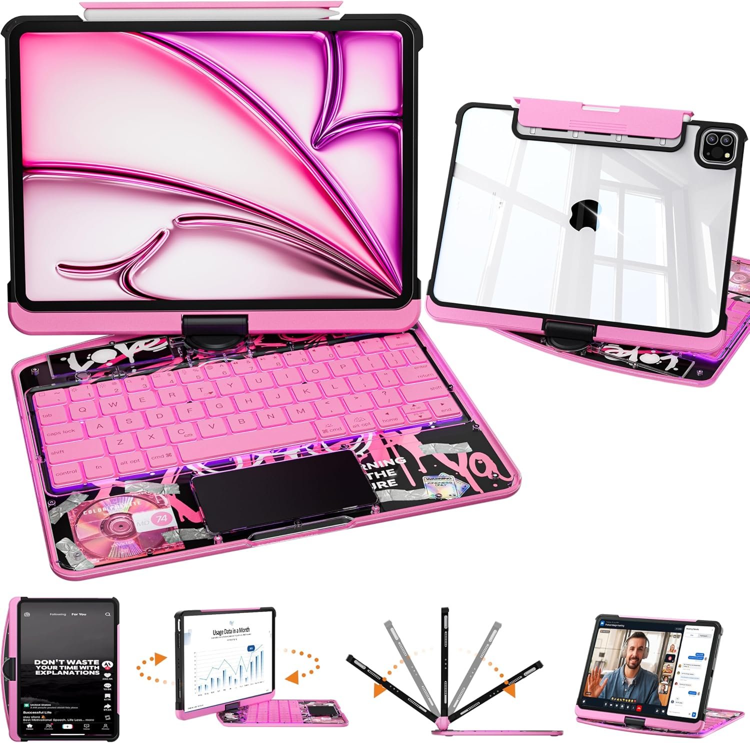 Transparent Keyboard Case for iPad 11th Gen 2025 (A16 11″) & iPad 10th Gen 2022 (10.9″) with Multi-Touch Trackpad, 360° Rotating Stand, 7-Color Backlit, Bluetooth, Pencil Holder,Pink