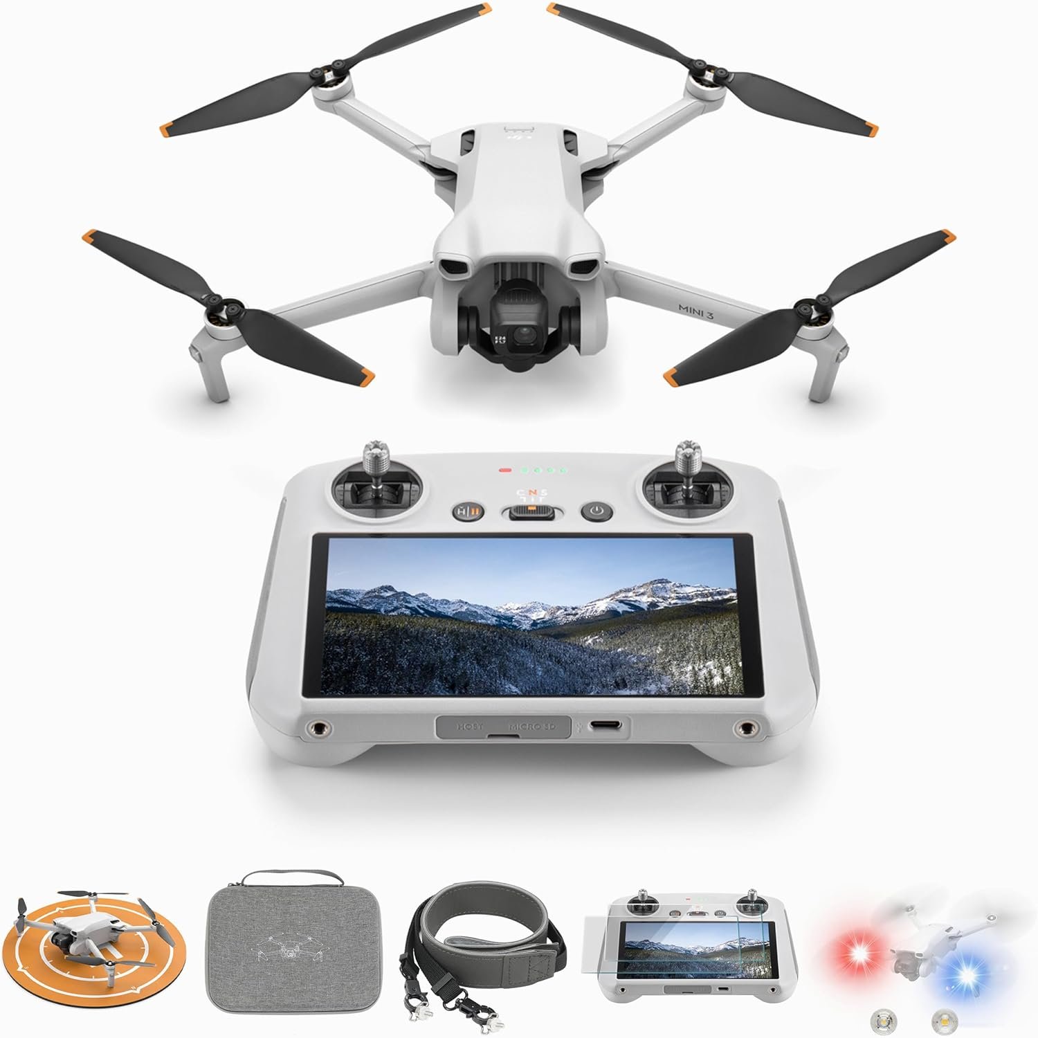 DJI Mini 3 (DJI RC), Lightweight 3x Mechanical Gimbal Drones with Camera for Adults 4K.Carrying Case, Landing Pad, Anti-Collision Light, Lanyard, Screen Protector
