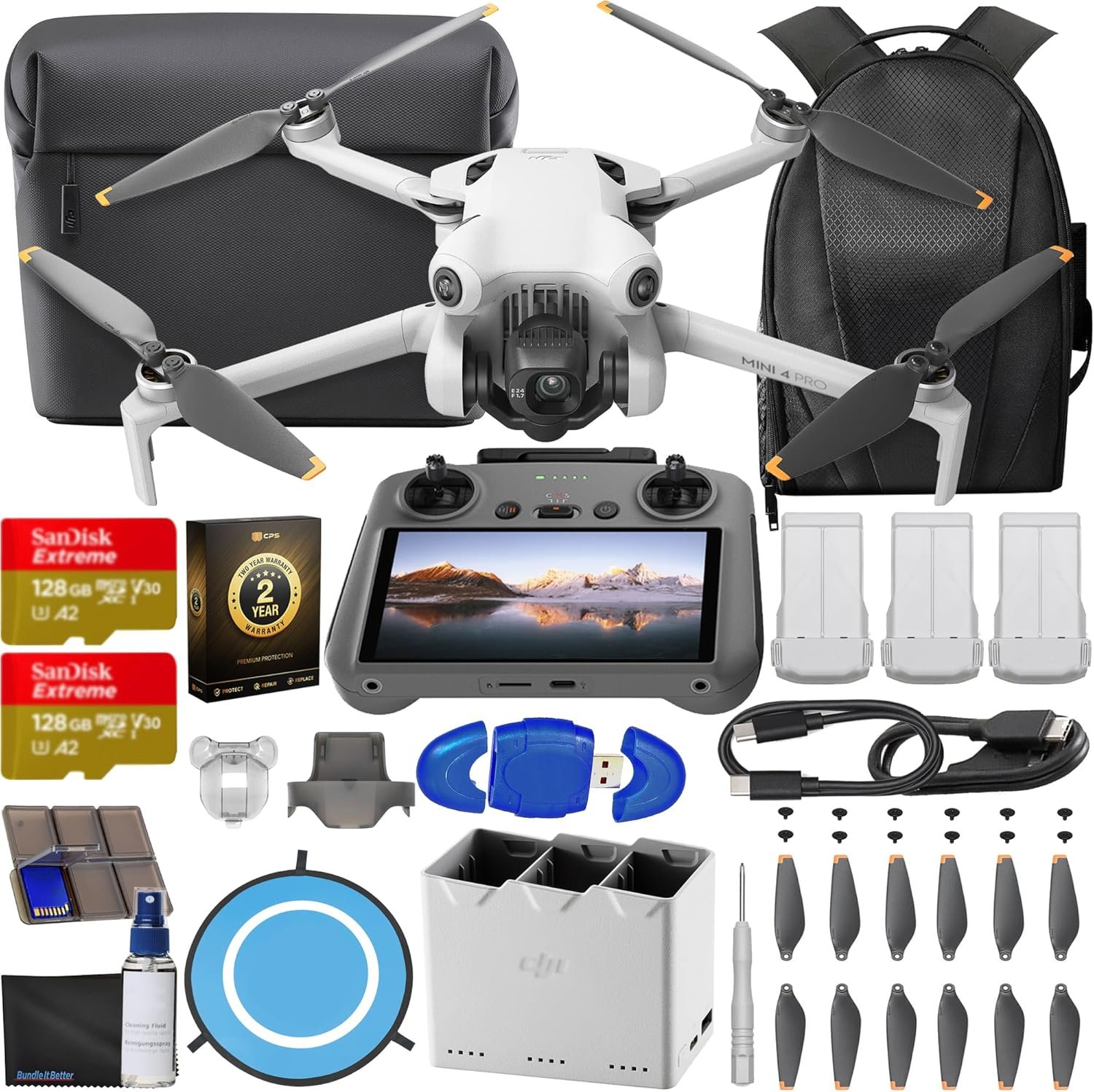 DJI Mini 4 Pro Drone Fly More Combo Plus with RC 2 Controller (With Screen) Folding Drone with 4K Video, Under 249g, 45 Mins Flight Time, Vision Sensing 3 Batteries Bundle with 2x 128GB Memory Card, CPS 2 Year Warranty + Pilot Kit