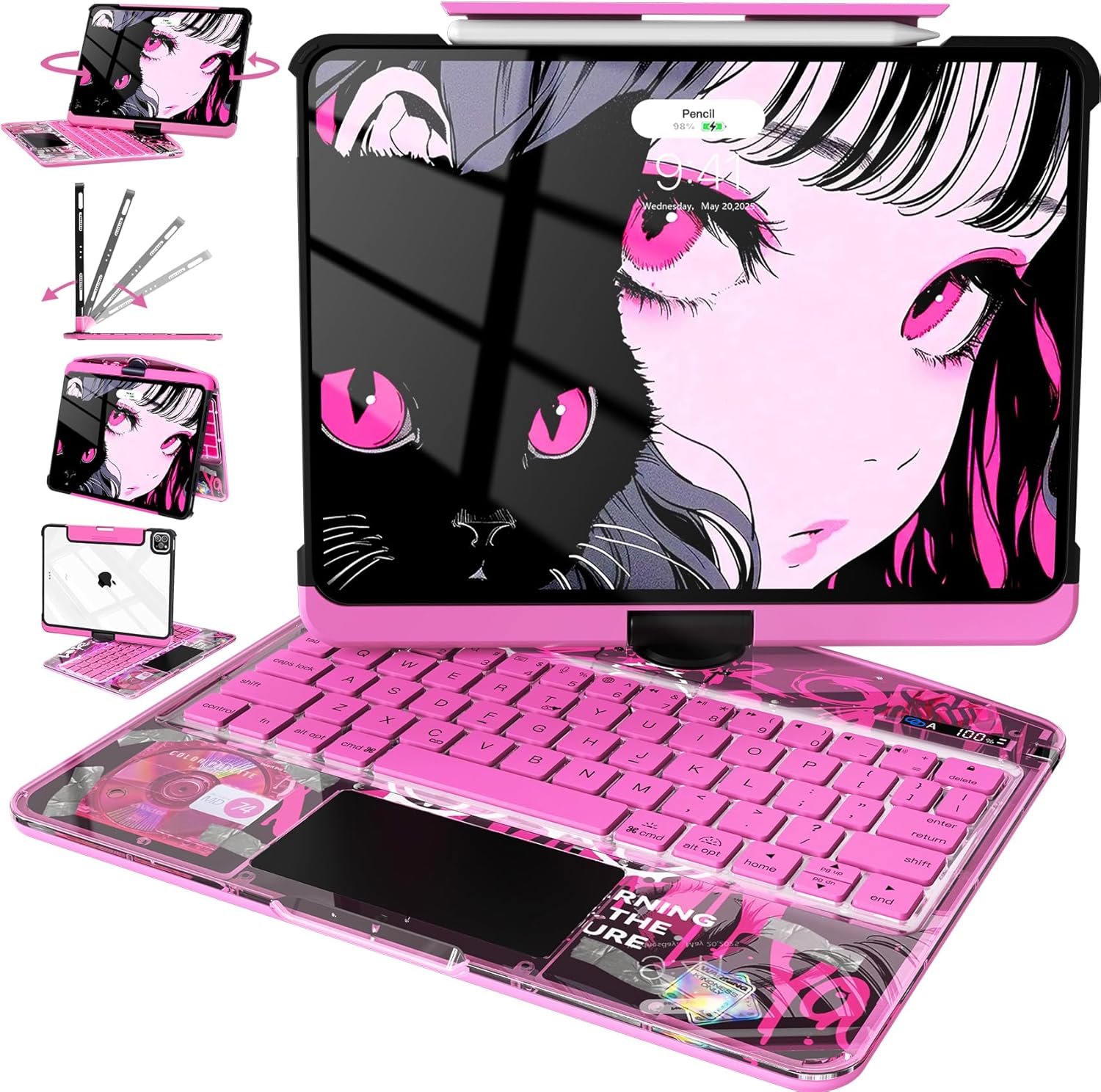 Intermerge for iPad 9th 10.2 inch Keyboard Case, 360° Transparent Multi-Touch Trackpad, 7-Color Backlit Keyboard, Pencil Holder, Type-C, Power Indicator for 9th/ 8th/ 7th – Blush Pulse