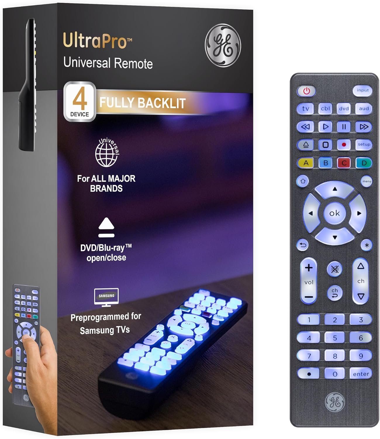 GE Backlit Buttons Universal Remote Control, Samsung TV Remote Control Replacement, Samsung Remote Control for Smart TV, Roku Remote Replacement, Vizio, LG TV, 4-Device, Graphite, 48848