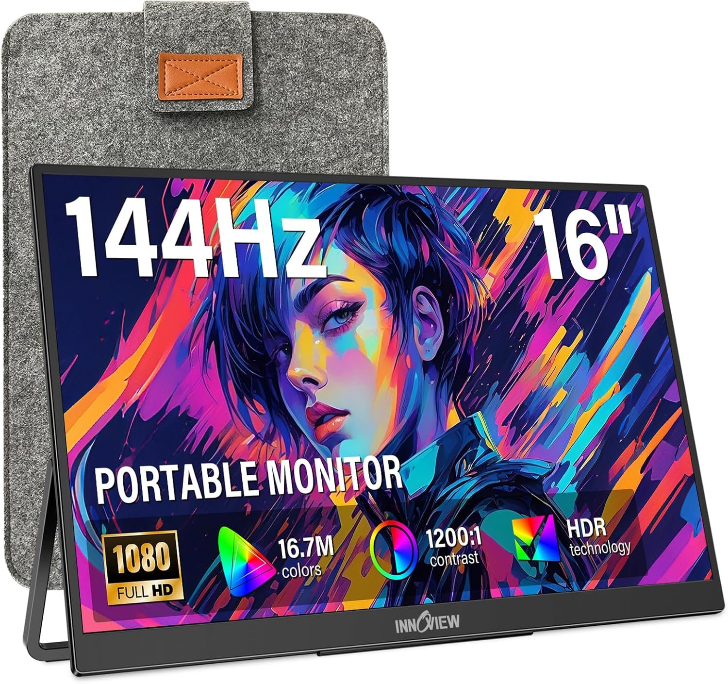 InnoView 16″ Portable Monitor 144Hz Portable Gaming Monitor with Protective Sleeve, 1200P FHD External Monitor, Lightweight, Extra Second Screen for Laptop, PS5, Mac, Xbox (Not Includes Adapter)