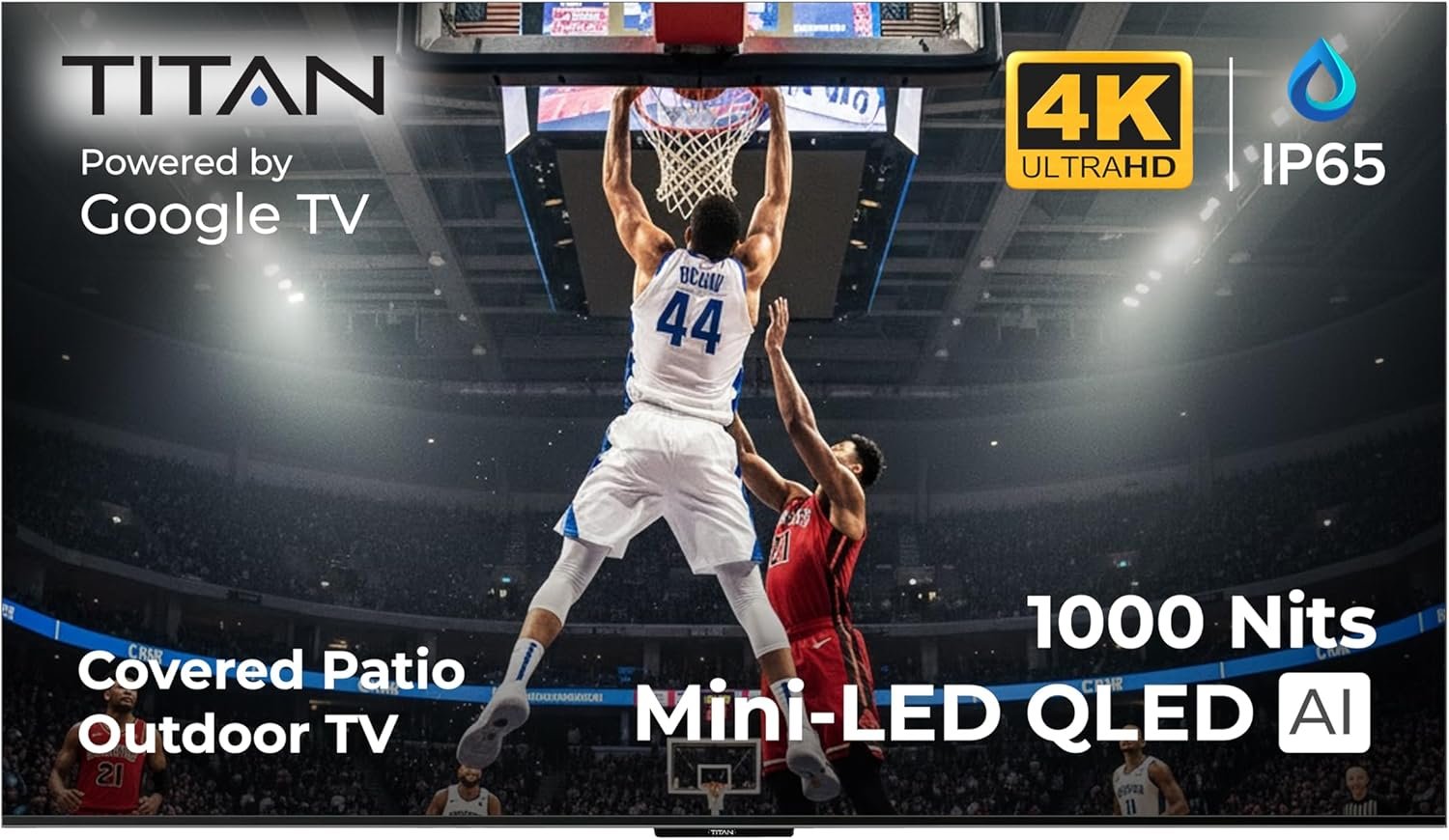 Titan G100 Mini 55 Inch Covered Patio Outdoor TV – 4K UHD QLED IP65 – Google OS, Dolby Vision & Atmos, Onkyo Speakers – Thin Bezel – Weather Resistant – 2-Year Warranty & USA Assembled
