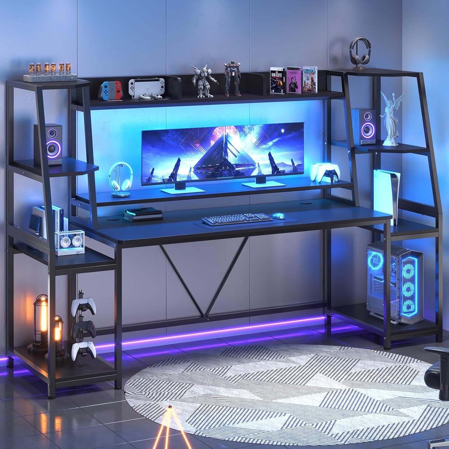 SEDETA Gaming Desk 78.8” with LED Lights, Hutch and Storage Shelves, Computer Desk with Monitor Stand, Large PC Gamer Desk Workstation, Ergonomic Gaming Table for Bedroom, Living Room, Black