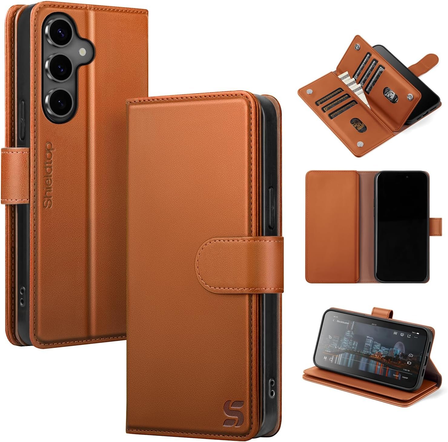 Shieldtop Compatible with Samsung Galaxy S24 Wallet Case with Card Holder,Women Men RFID Blocking PU Leather Flip TPU Protective Cover Credit Card Slots,Phone Case for Galaxy S24 6.2″,Light Brown