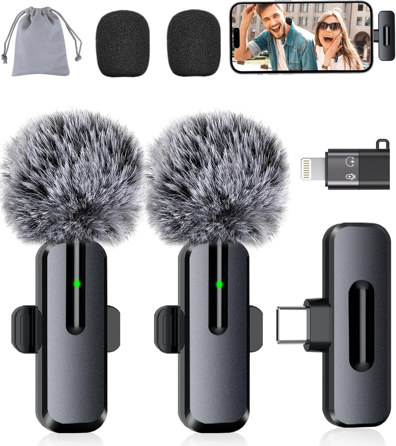 Wireless Mini Microphone for iPhone, Android – 2 Pack Lavalier Microphone for Video Recording, 2 In 1 Noise Reduction Lapel Mic for Ipad, Clip-on Mini Mic with USB-C for Content Creators Podcast