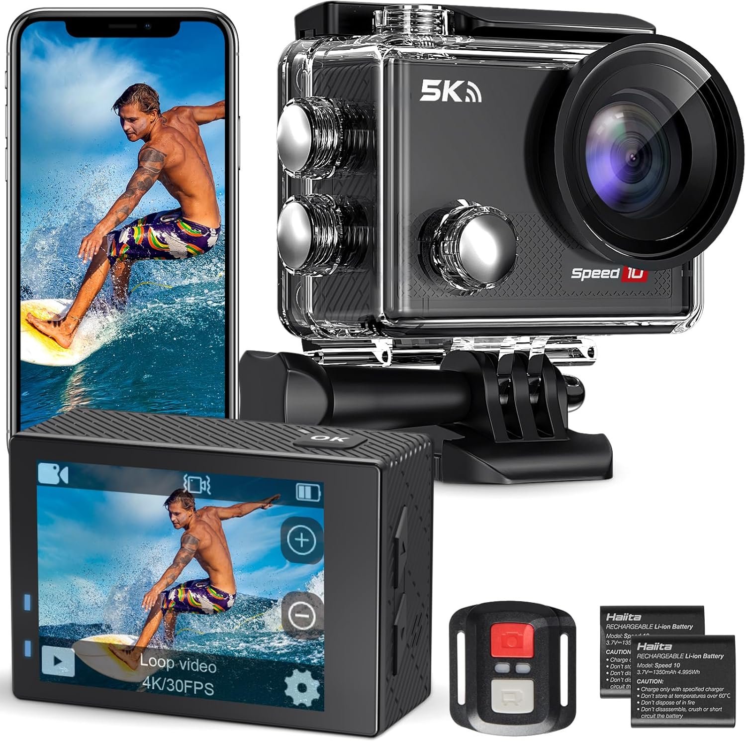 Action Camera 4K 30FPS Waterproof Camera Underwater 131FT with EIS WiFi App Remote Control 170° Wide Angle Sports Helmet Bike Video Camera Pure Black