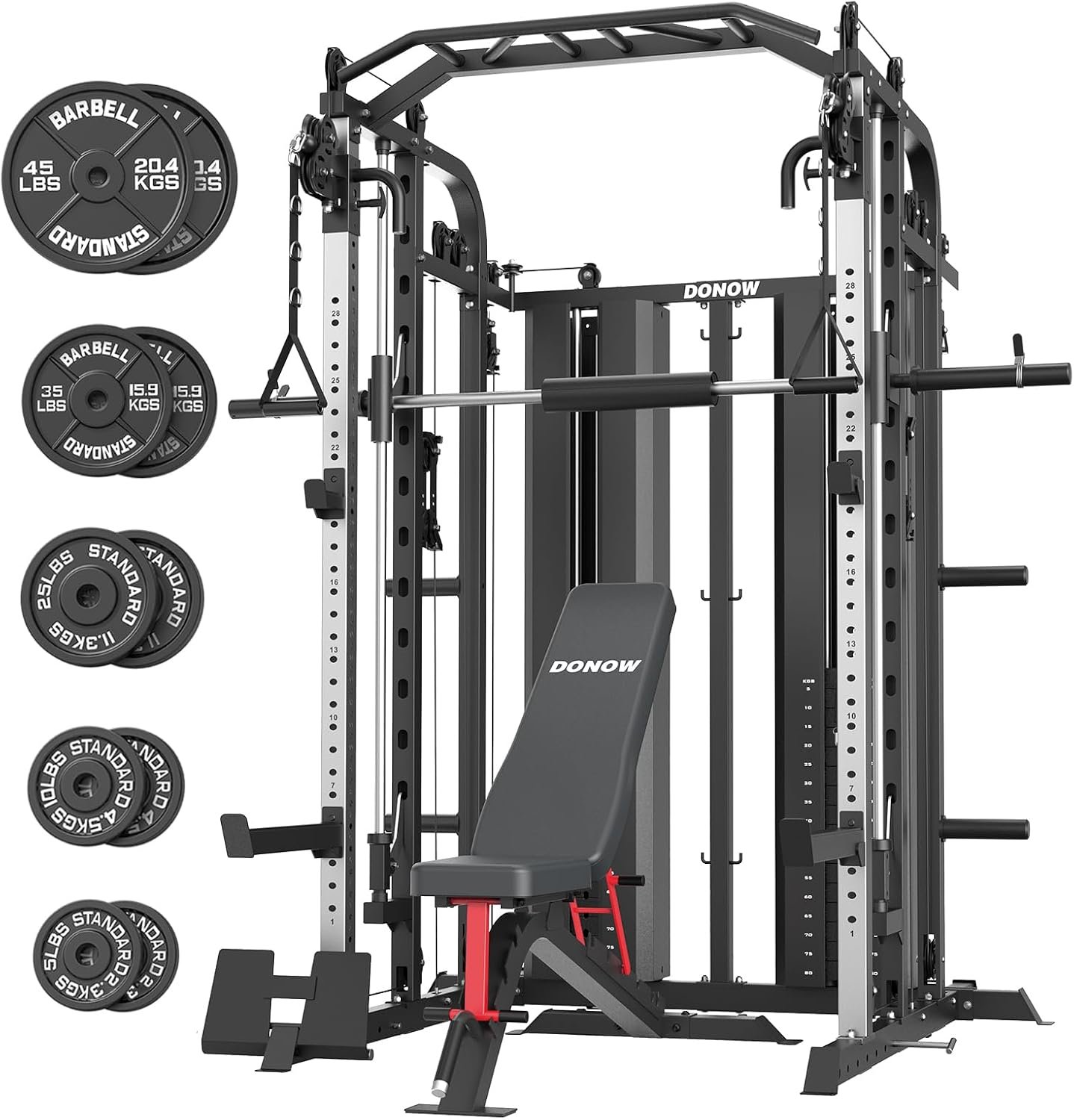 DONOW Smith Machine with Weight Stacks, Multi Function Home Gym System Training Power Cage Squat Rack Dual Cable Crossover Machine All in One