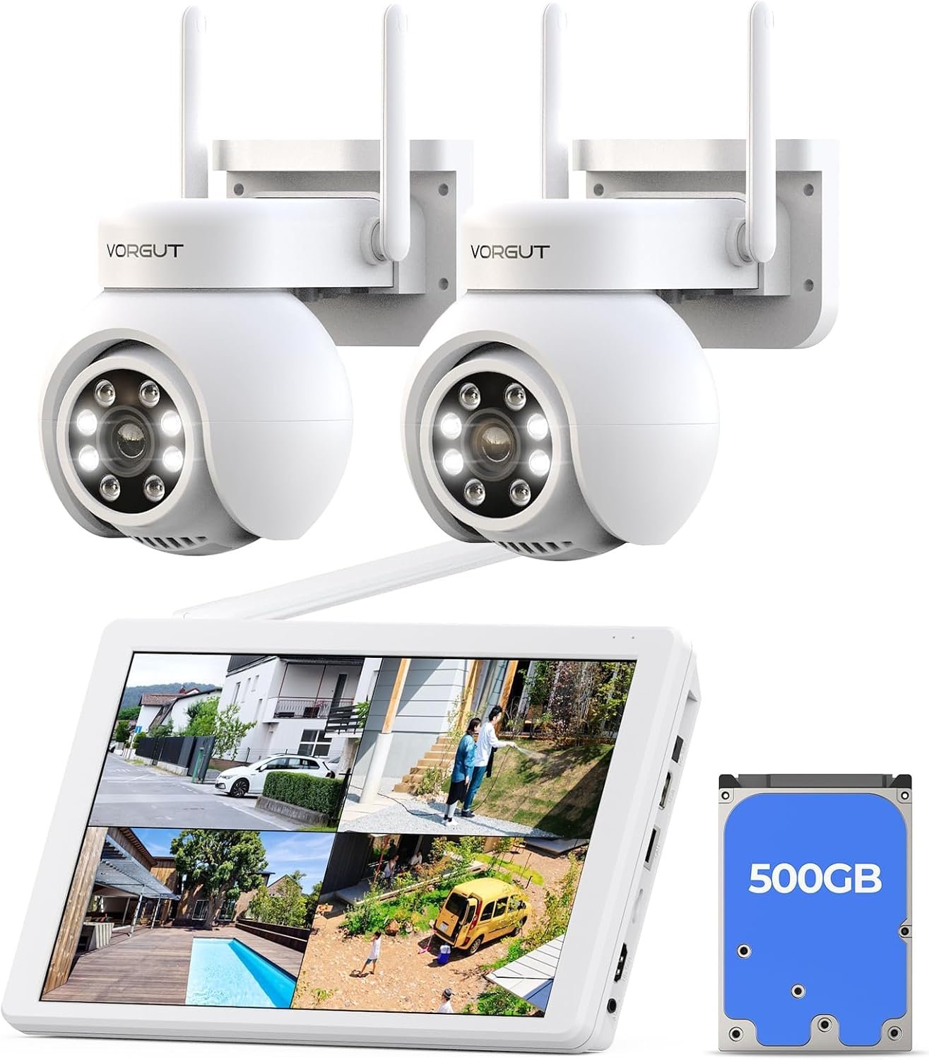 Wireless Security Camera System with 10″ LCD Monitor, 2PCS 3MP PTZ Outdoor Camera for Home Surveillance, 10CH NVR with 500G HDD,Auto Tracking,Human Detection,Color Night Vision,No Monthly Fee