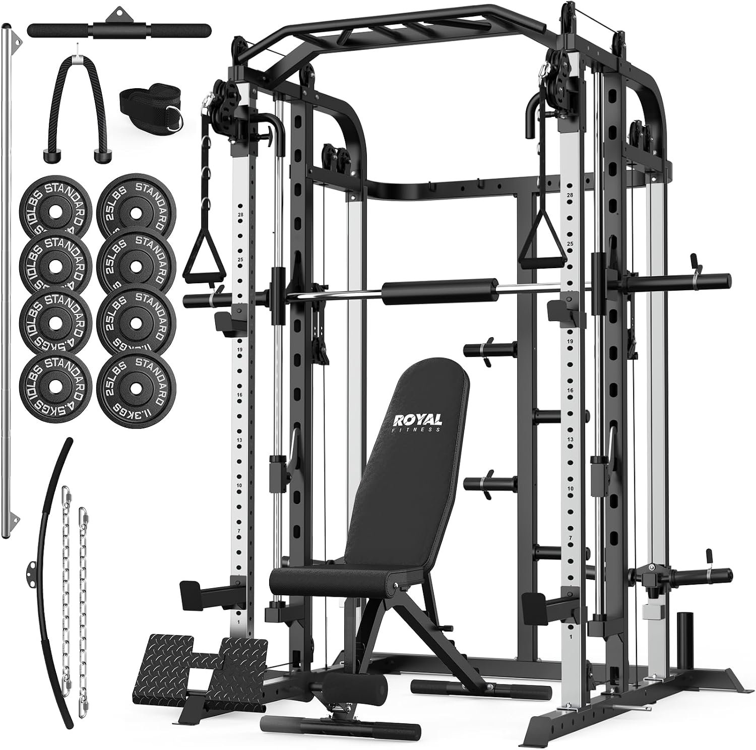 Smith Machine, Multifunctional Power Cage Rack with Smith Bar and Cable Pulley System, and LAT Pull Down Machine for Home Gym…