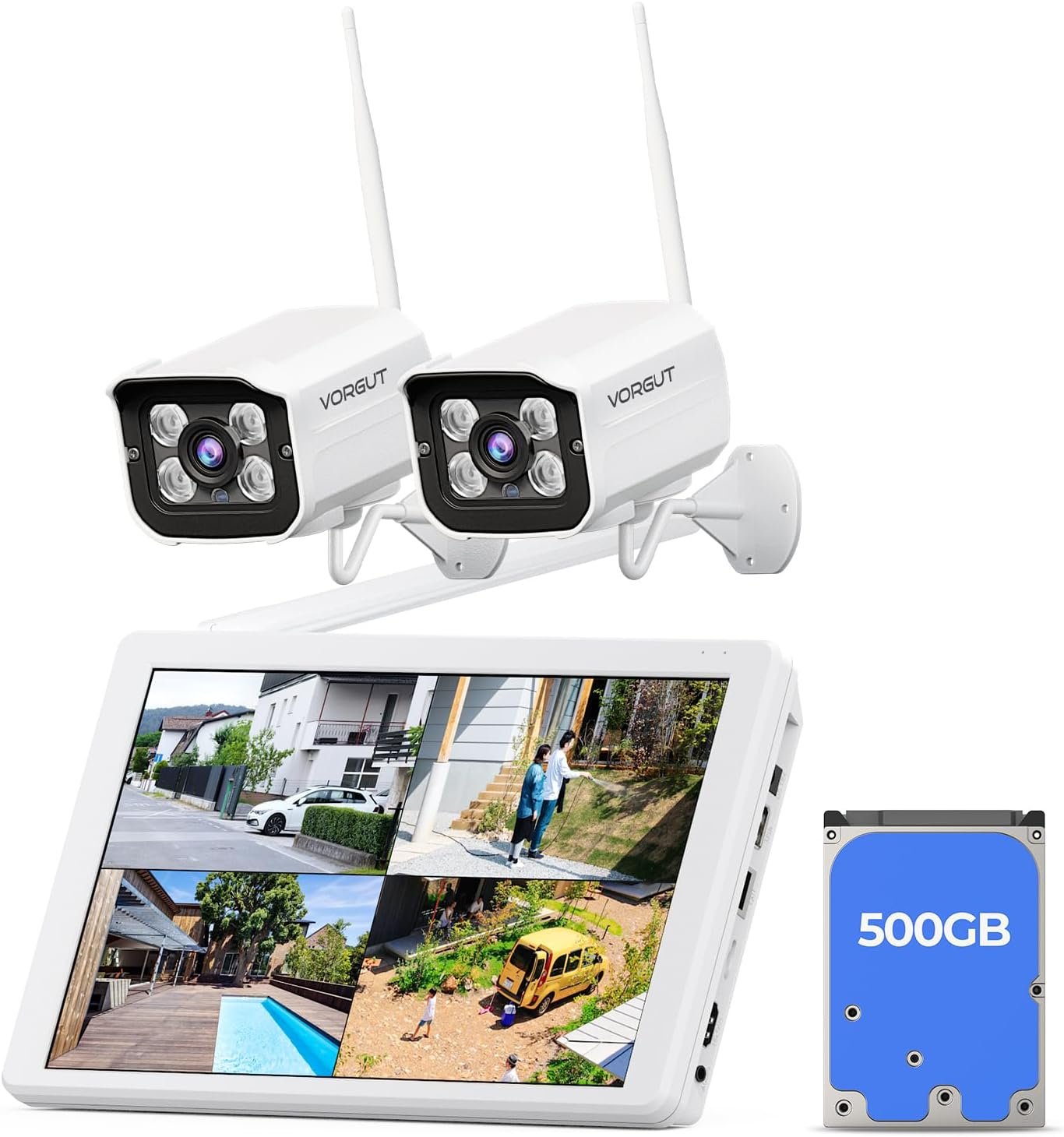 Wireless Security Camera System with 10″ LCD Monitor, 2PCS 3MP Bullet Outdoor Camera Metal Shell for Home Surveillance, 10CH NVR with 500G HDD, 24/7 Record,Human Detection,No Monthly Fee