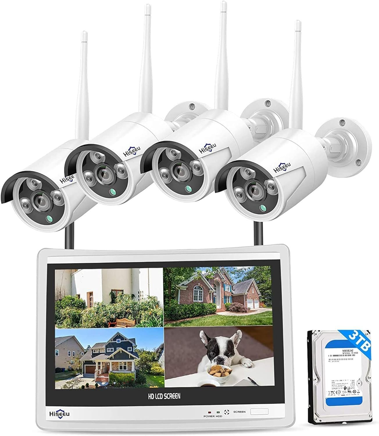 [16CH Expandable] Hiseeu Home Security System, 24/7 Recording 5MP Wired Plug-in Powered Outdoor Bullet Cameras, 2.4G/5G WiFi Pro, 4K NVR with 12″ LCD Monitor, 3TB HDD, Night Vision, IP65
