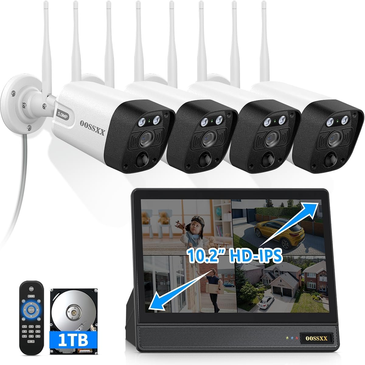 OOSSXX (2026 Updated) 5MP Wireless Security Camera System with 10CH NVR & 10″ IPS Monitor, 4 Dual-Antenna Cameras, Dual-Band WiFi, 2-Way Audio, IP66 Waterproof, 1TB HDD, Free App